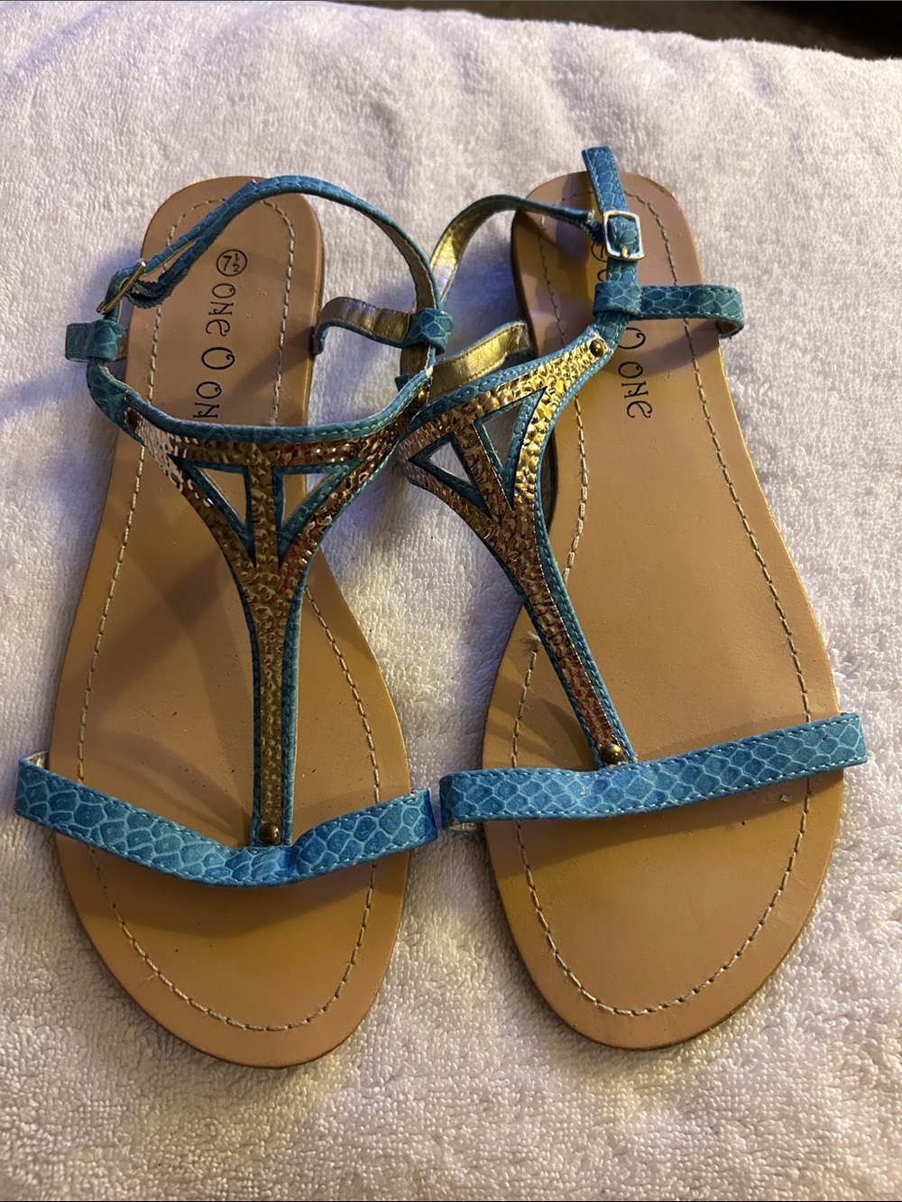 OneCoBlue Women's Blue T-Strap Flat Sandals